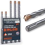 Presch SDS Plus Bohrer Set X4-5-tlg - Stahlbeton Bohrer mit 4 Schneiden und Dübellängenindikator - Hammerbohrer Set SDS für Beton, Stein, Granit, Ziegel, Mauerwerk - Betonbohrer Set Ø 5-10mm